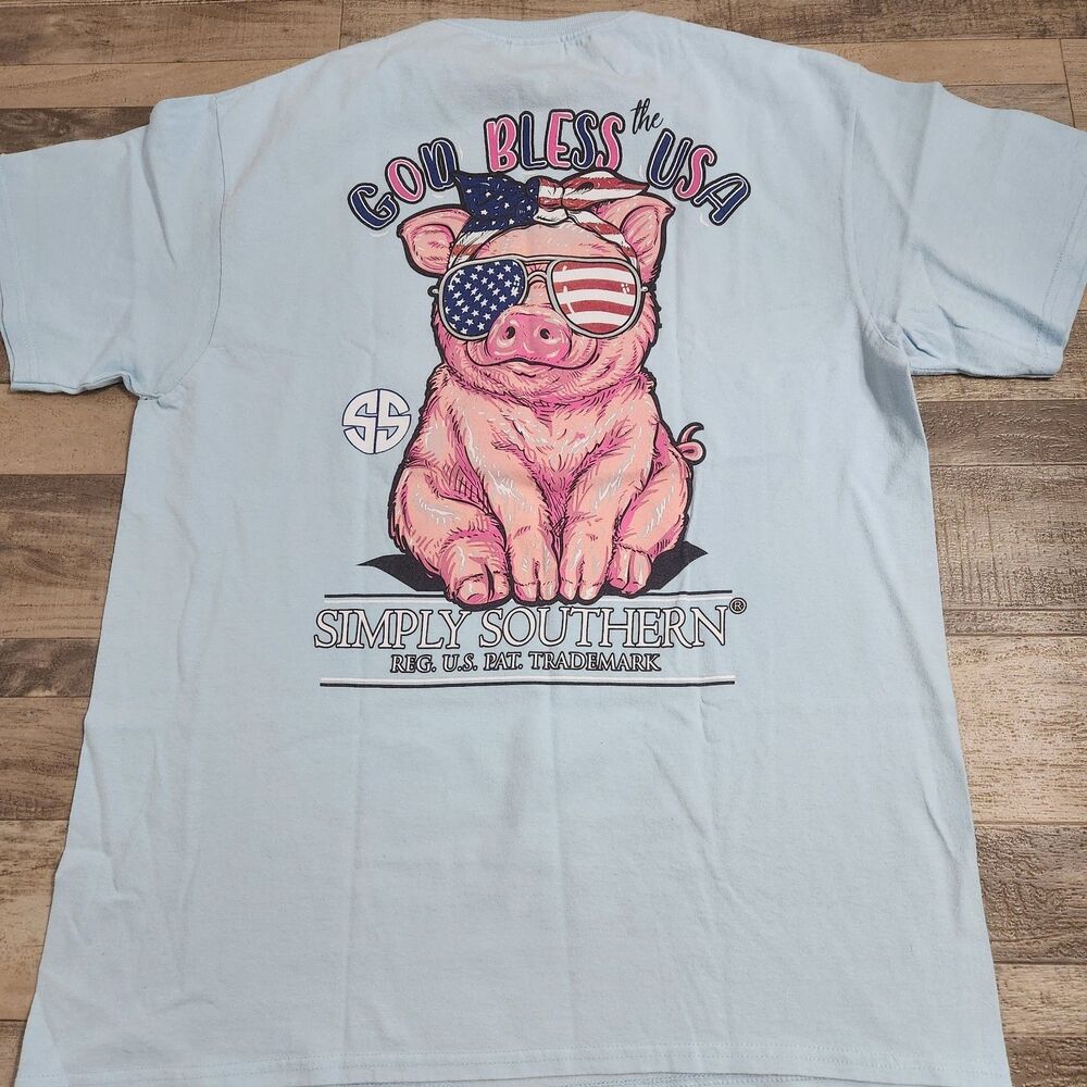 Womens God Bless The USA Pig Tshirt Size Large Simply Southern Patriotic